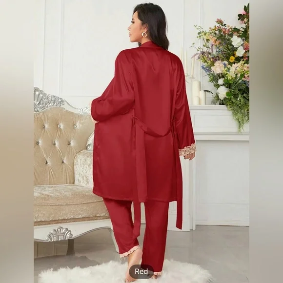 Red 3-piece Sets Silk Satin Cami Top & Pants With Robe Pajama Set - Picture 5 of 8